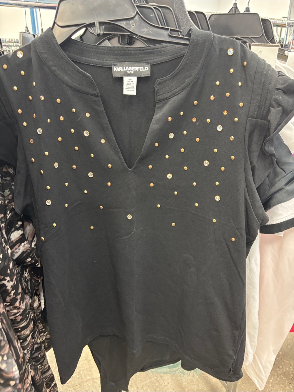 Karl Lagerfeld Black Short-Sleeve V-Notch Top with Gold Stud Accents